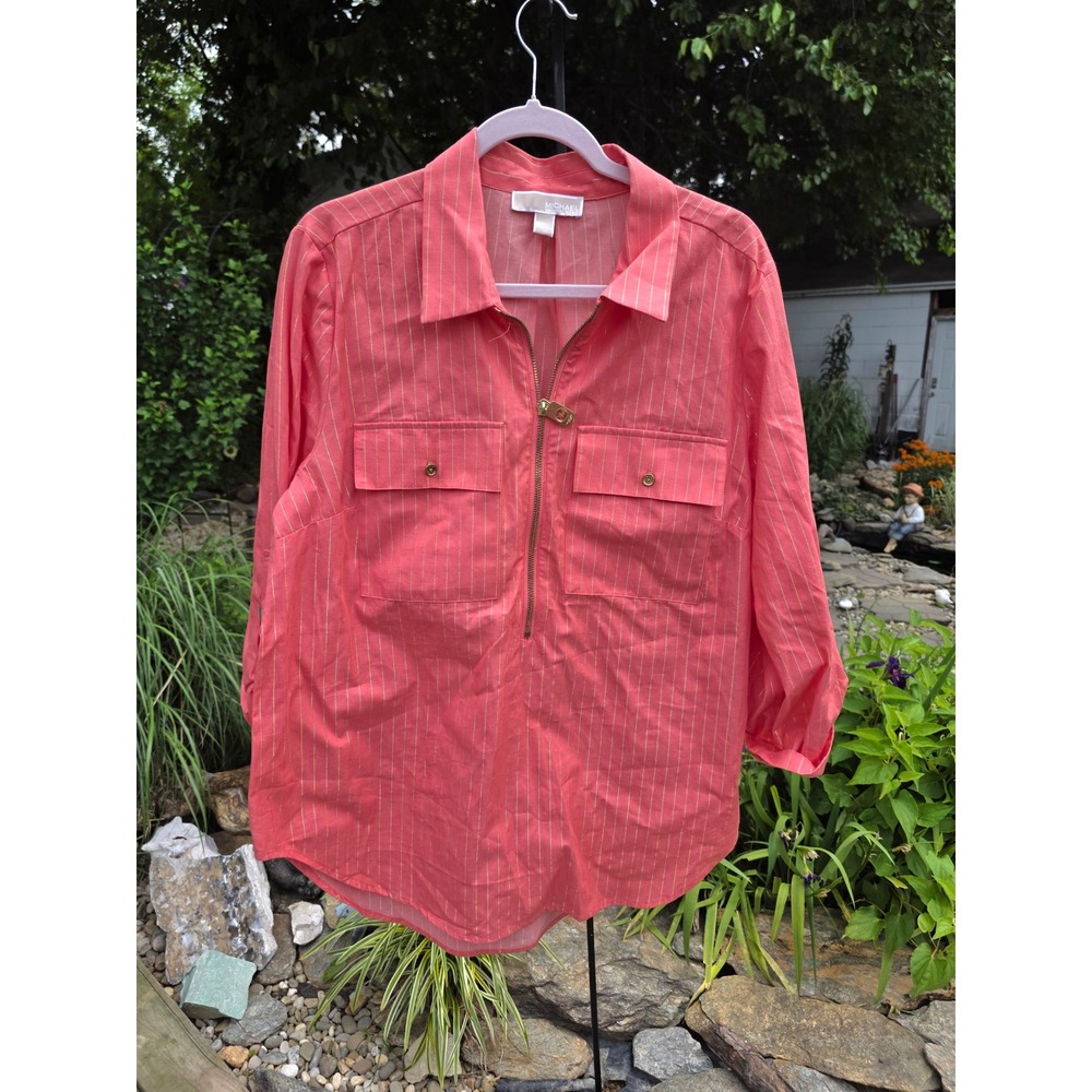 Michael Kors Coral Pink Gold‎ Metallic Pinstripe Half Zip Roll Tab Shirt XL